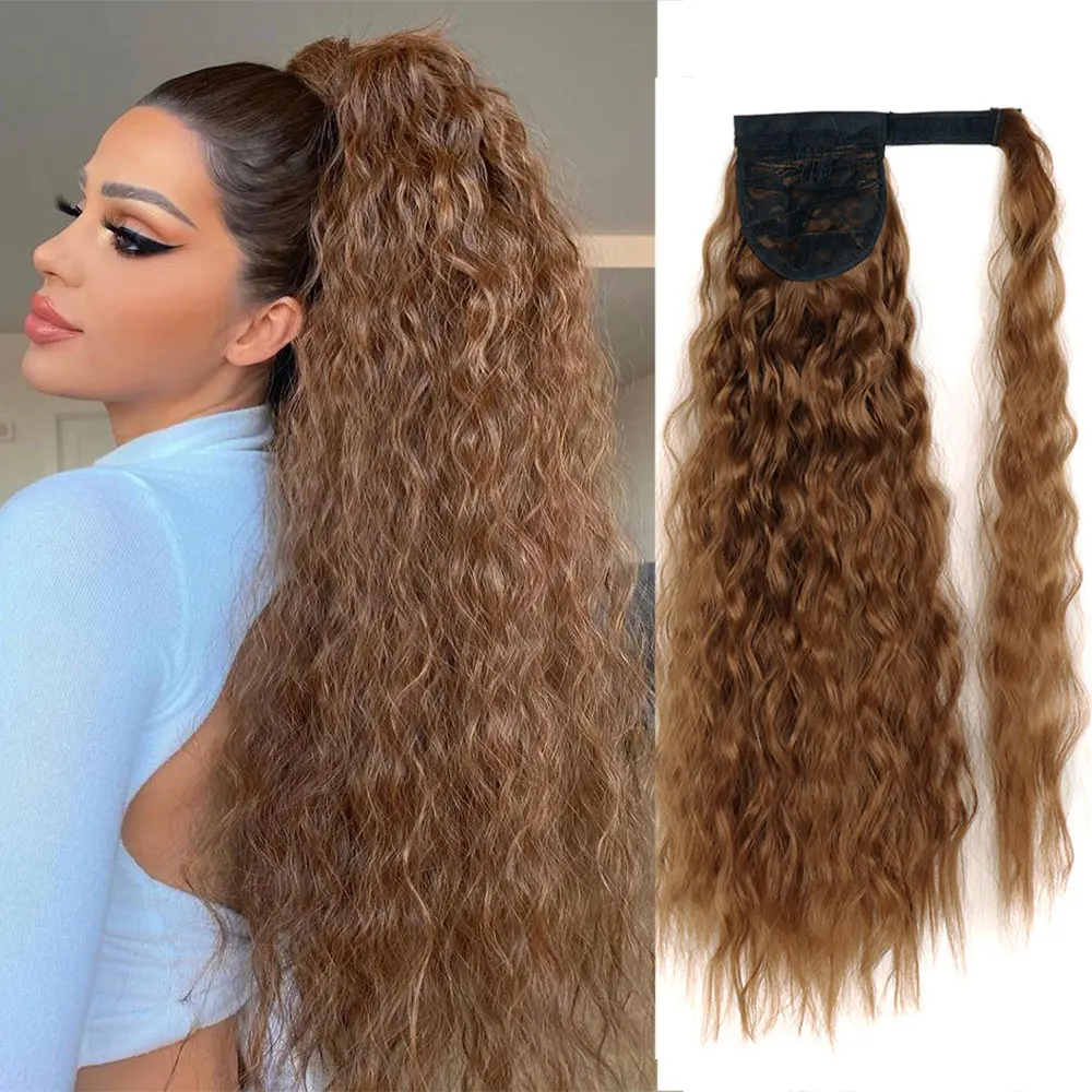 

Synthetic Corn Wavy Long Ponytail Hairpiece Wrap on Clip Hair Extensions Ombre Brown Pony Tail Blonde Fack Hair LINWAN