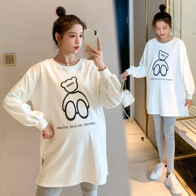 

8201 # весенние белые хлопковые толстовки для беременных Свободная рубашка с принтом медведя из мультфильма одежда для беременных женщин фут...