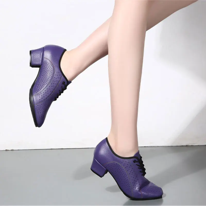 Cowhide Women Jazz Dance Shoes Latin Salsa Dancing Shoes Embossed Purple Female Teachers Ballroom Shoes Ladies Dance Sneakers