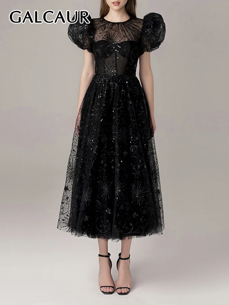 

GALCAUR Spliced Sequins Mesh Dresses For Women Round Neck Puff Sleeve High Waist Tunic A Line Slim Folds Formal Dress Female New