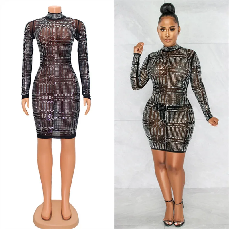 

2022 High Quality New Design Dress Solid Diamond O-neck Long Sleeve Sexy Celebrity Party Mini Dress Vestidos