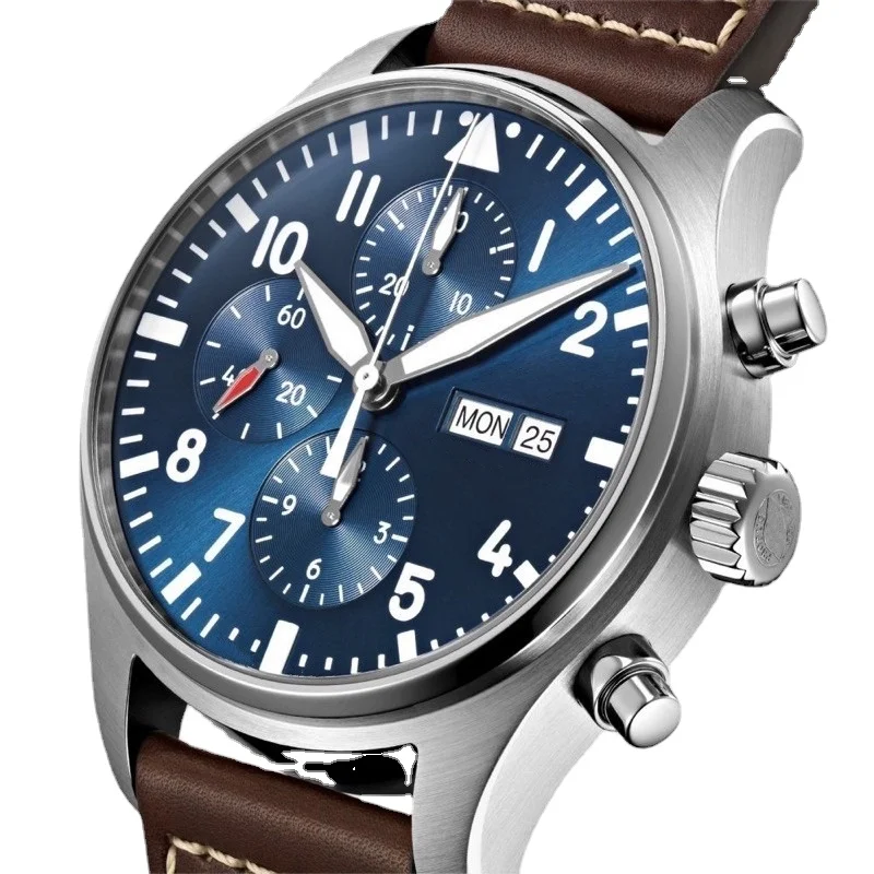 Luxury mens mechanical pilots watch automatic Prince brown leather blue Dial leather strap man wristwatches