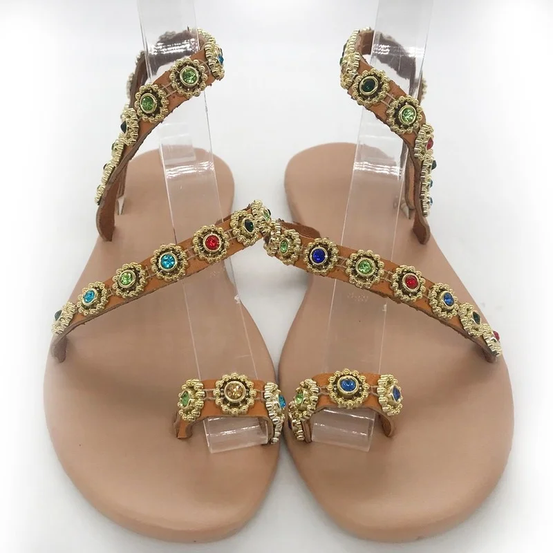 Women Sandals Fashion Retro rhinestones Summer Beach Shoes Flat Sandals Flip Flop Ladies Soft Bottom Slippers Female sandals