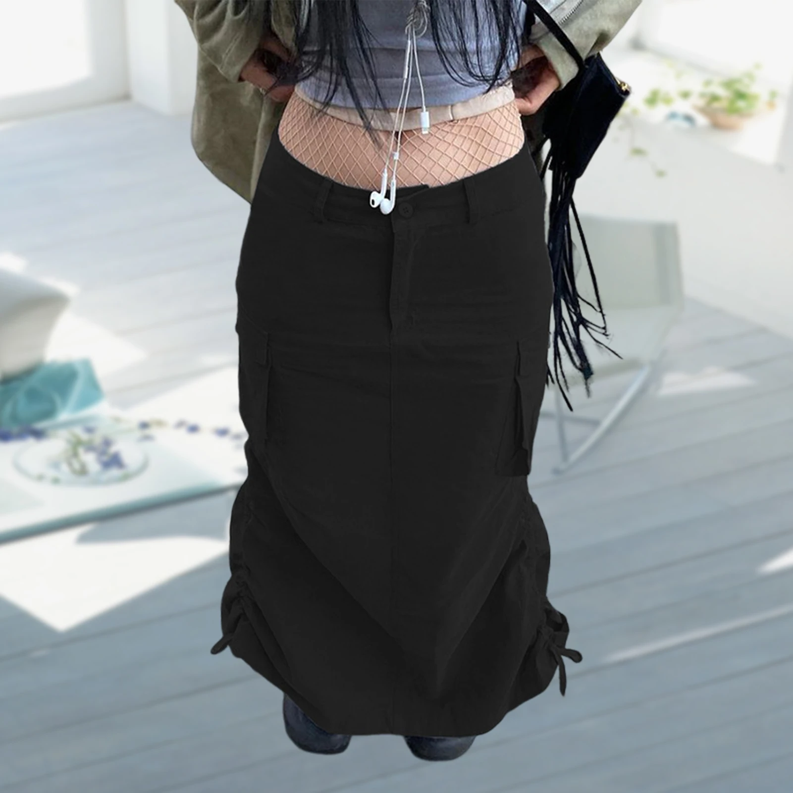 

Women Bodycon Drawstring Skirt Y2K Low Waist Long Skirts with Side Pockets Pleated Half Body Dress Stylish Hip Hop Skirts