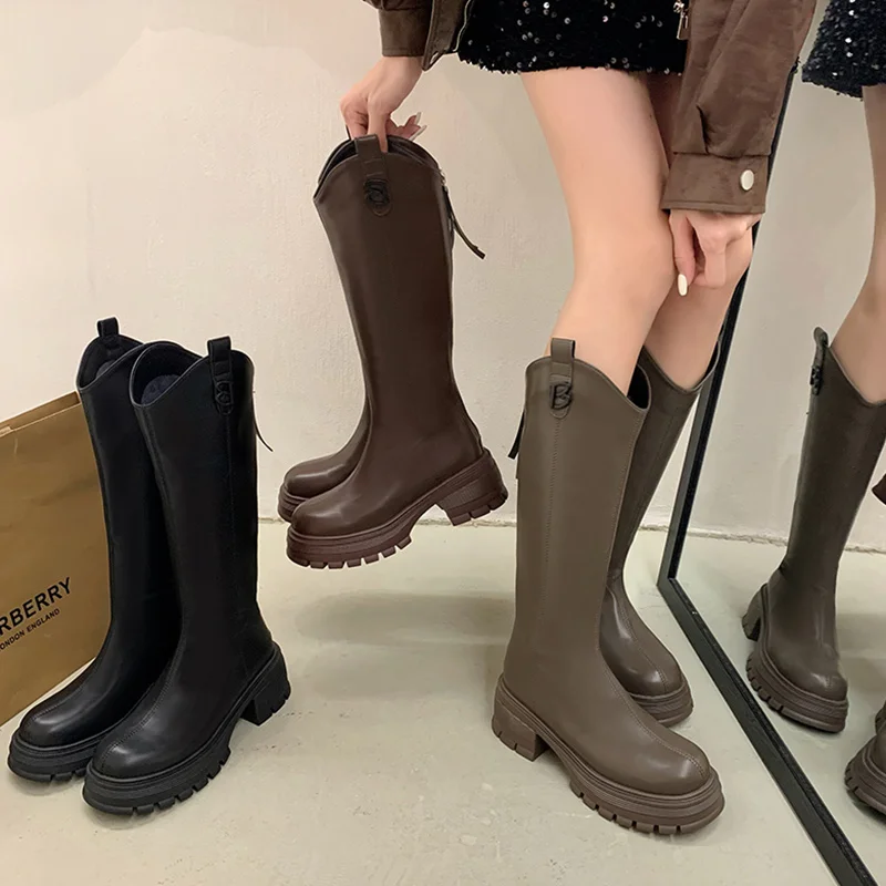 

Med Heel Boots Shoes Round Toe Zipper Lolita Ladies Over-the-Knee Rubber Rome Fabric Basic PU Solid Hoof Cotton Women Boots Over