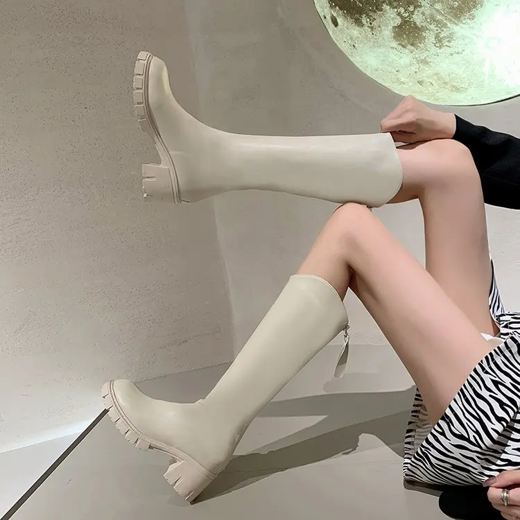

Woman Flat Boots Sexy Thigh High Heels High Sexy Shoes Zipper Round Toe Winter Footwear Low Rubber Over-the-Knee Ladies Lolita