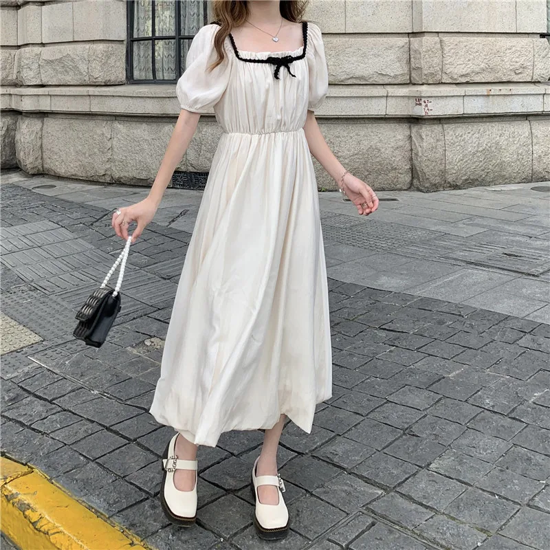 

Dress French Style Square Neck Short Sleeve Dress Female Summer New Style Korean Style High Waist Thin Section Mid-length Skirt