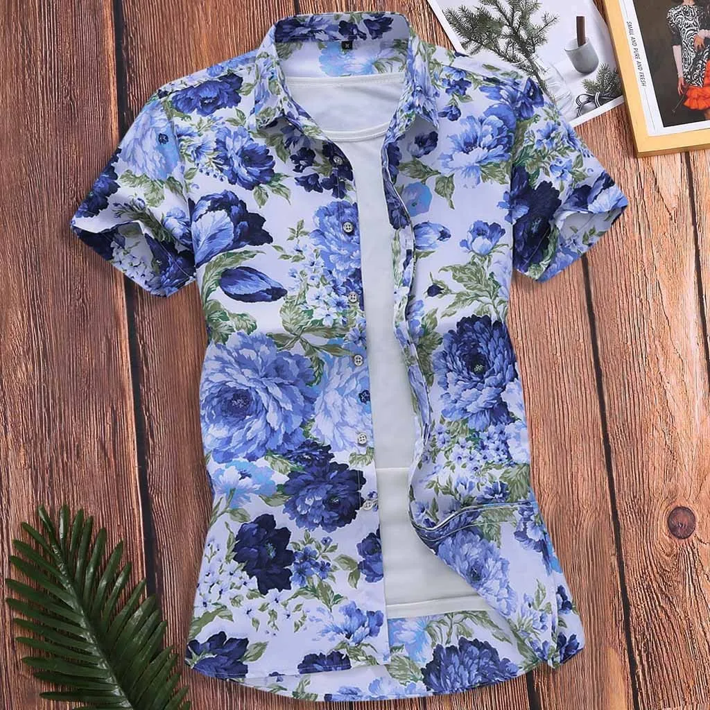 

Fashion Printed T-shirt For Men Slim Loose Hawaii Style Short Sleeve Turn-down Collar Tops Summer Male Casual Blouse 2021