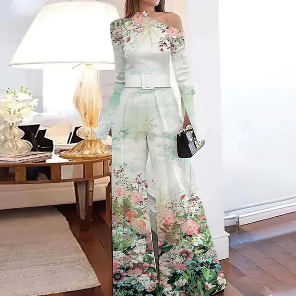 

wide leg pants women palazzo jumpsuit/Fashion Printed Diagonal Neck Long Sleeve Off Shoulder Casual One Piece Wide Leg Pants