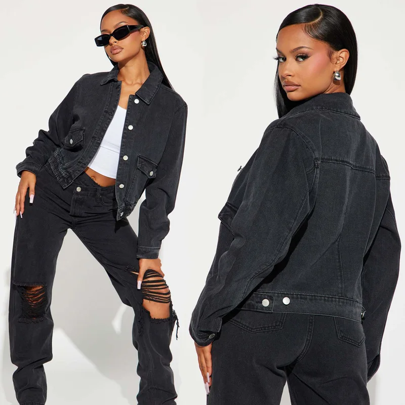 Лидер продаж черная джинсовая куртка новинка 2024 Модная Джинсовая с эффектом