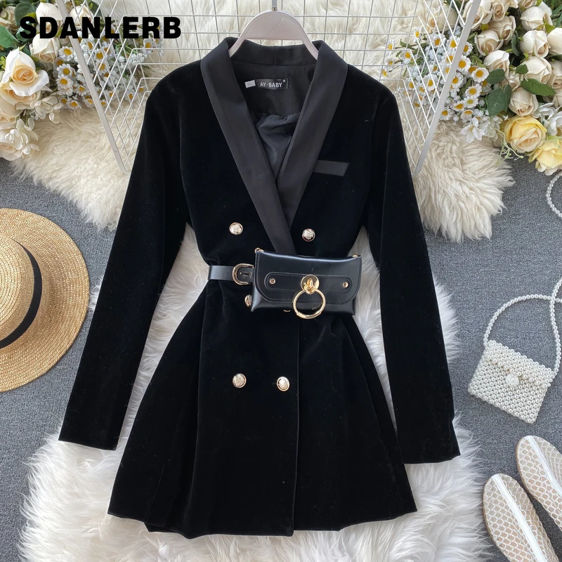 

Women's Autumn and Winter New British Style Black Blazer Jacket Socialite Elegant Suit Collar Mid-Length Vintage Velvet Coat