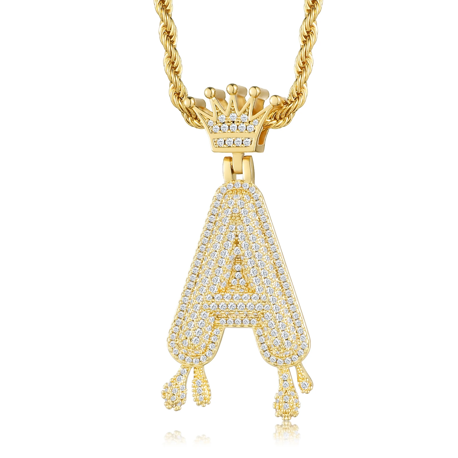 

US7 New Design Brass 26 Letters A-Z Zircon Crown Initial Alphabet Pendant Necklace Handsome Punk Hip-Hop Choker Chain Jewelry