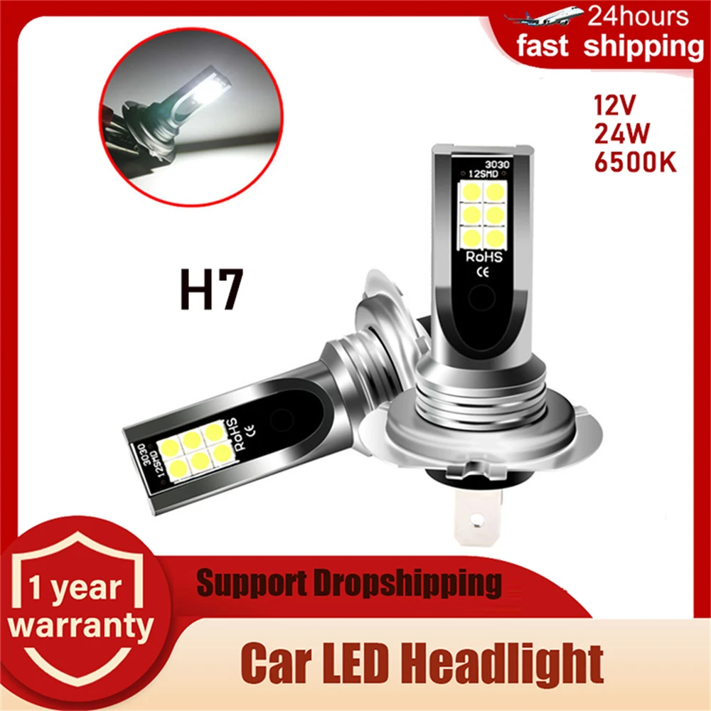 2Pcs H7 LED Headlight Car Fog Light Bulbs 12V 24W 800LM Super Bright 6500K White Auto Driving Running Lamp For BMW For Honda