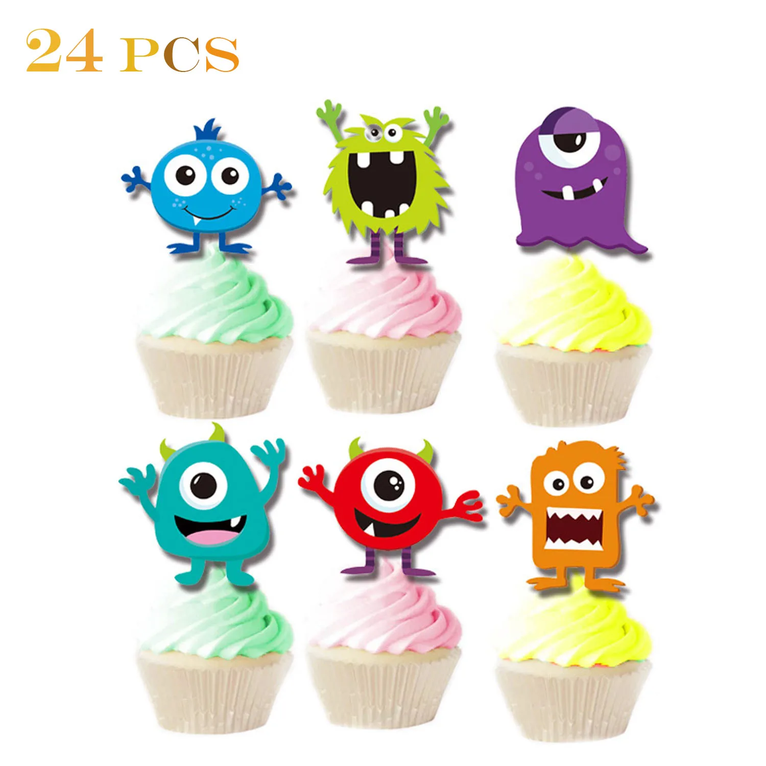 

24 шт. топперы для маленьких капкейков, топперы для пирожных в виде монстров для вечеринки в честь рождения ребенка, украшения для тематической вечеринки в виде монстров