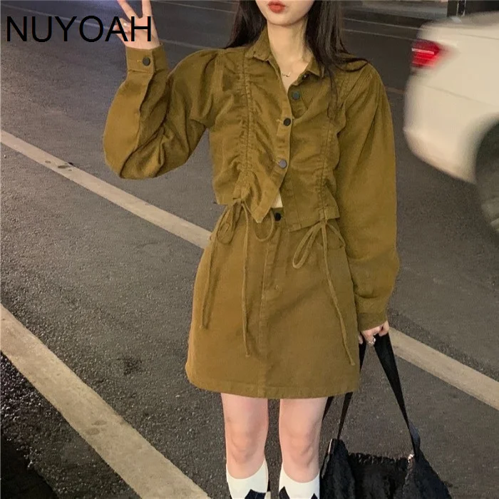 

Женская короткая рубашка на шнуровке, уличный костюм для стрельбы, осенняя юбка с высокой талией, комплект из двух предметов, женская мода