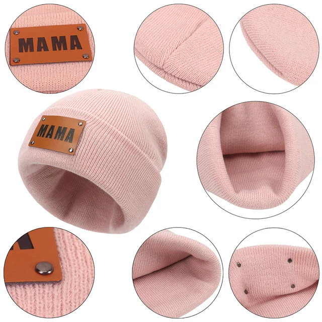 Knitted Mother Kids Hat Winter Baby Beanie Hats Leather Label Children Cap for Girls Boys Accessories New Infant Stuff 8 Colors 4