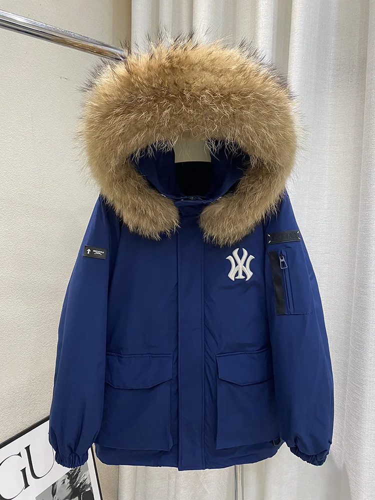 Fashion Brand Cargo Parker Down jacket Men's and Women's Same Mid-Length Winter Oversized Raccoon Dog Fur Collar Outdoor Warm...