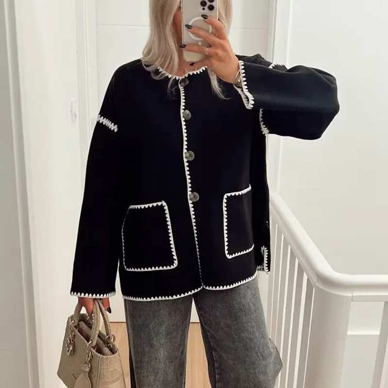 

Женское трикотажное пальто с карманами, однобортный Кардиган с длинным рукавом, теплая куртка в стиле пэчворк, Осень-зима