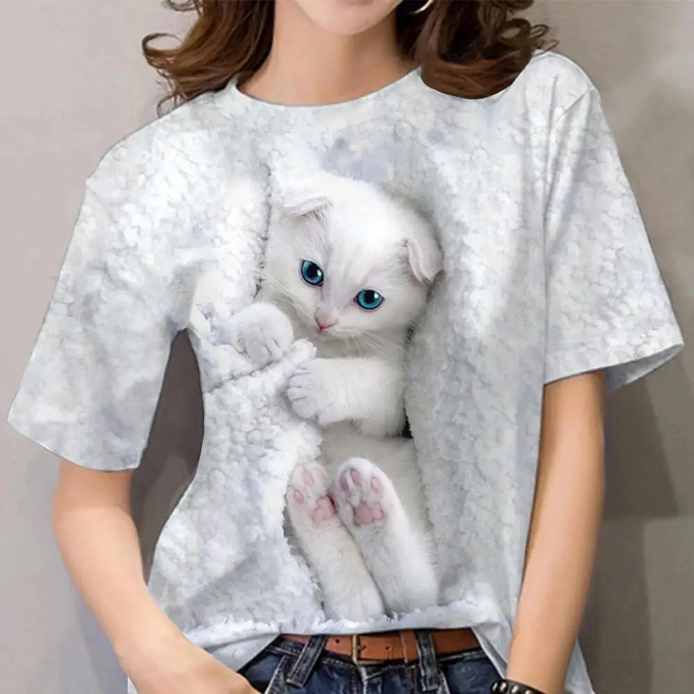 

new Summer T Shirt Women Fashion Top Cute Cat Print Tee Harajuku Y2k Girls Shirt Short Sleeve T-Shirts Street Animal Clothing