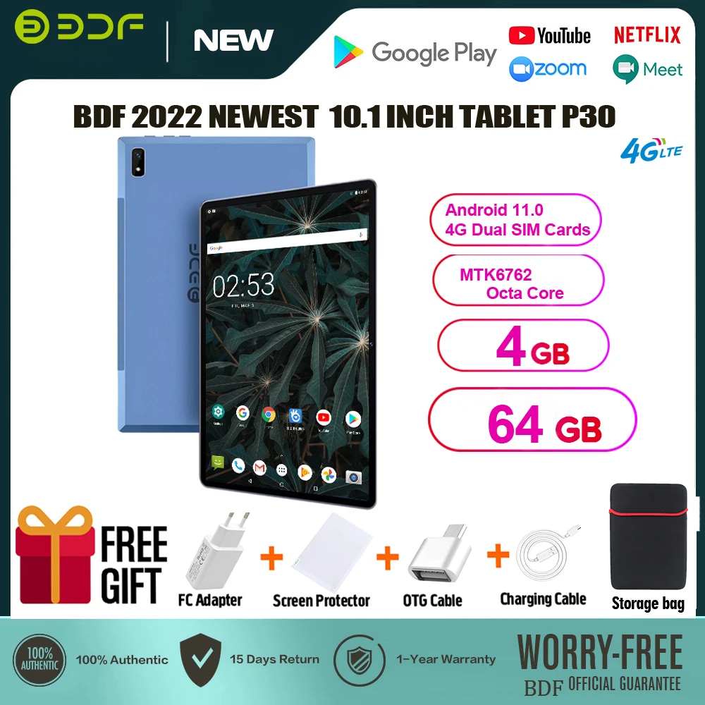 BDF 2022 New 10.1 Inch Tablet Pc IPS 4GB RAM 64GB ROM Octa Core 4G LTE Network Calls Bluetooth WiFi GPS Pro Tablet Android 11.0