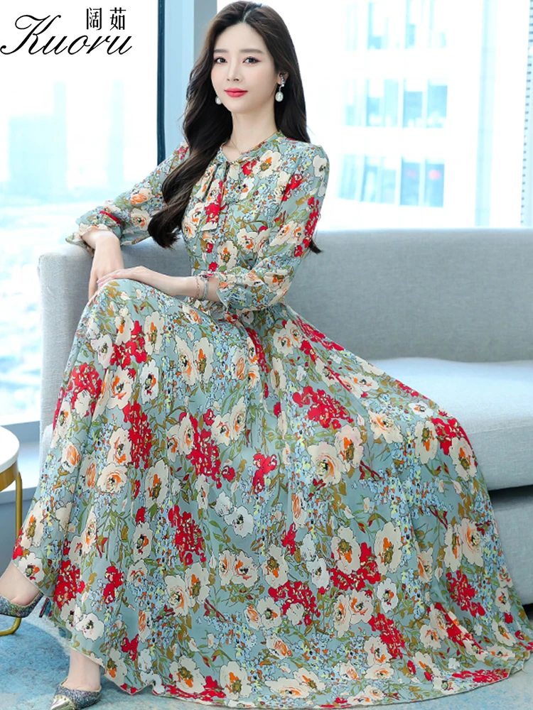 

Floral Long Sleeve Party Dress Elegant Robes Clothes For Women 2022 Autumn Chiffon Maxi Beach Casual Chic Tunics Evening Dresses