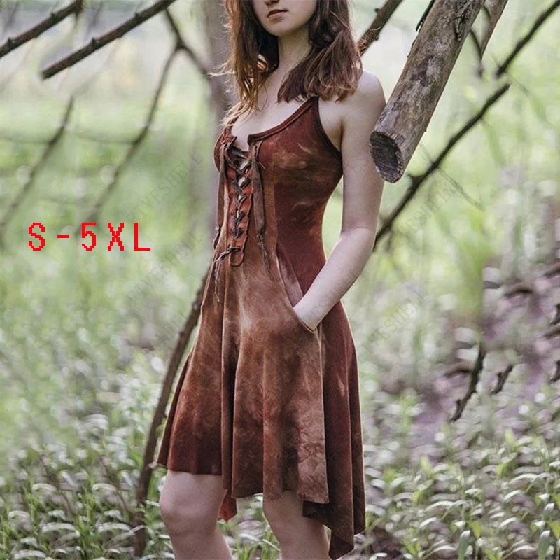 

Halloween Medieval Vintage Gothic Punk Witch Dress Slim Printed Costume Adult Women Bust Lace Up Sexy Sling Dress Plus Size 5XL