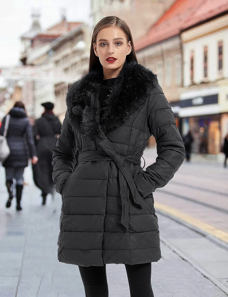 Giolshon New Women Leather Puffer Jacket Winter Warm Bubble Padding Long Puffer Coats With Detachable Faux Fur Collar