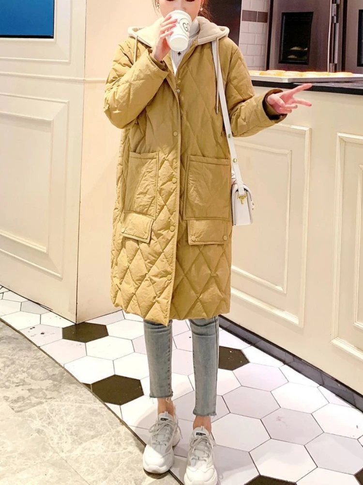 Women's Winter Jacket Super Hot Splicing Long Sleeve Top White Coat Loose Warm Plaid  Casual Quilted Coats Female Woman Parka