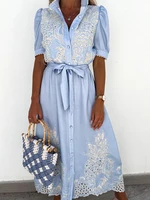 summer embroidery flower lace maxi dress women stand collar button long shirt dress lace up puff sleeve spliced party dress