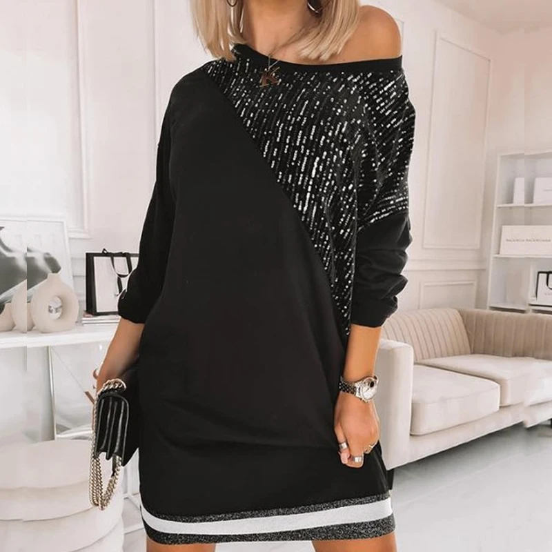 

Spring Women Casual Sequins Sweatshirt Dress Fashion Loose Long Sleeve Patchwork Dress Lady Off Shoulder O-Neck Black Mini Dress