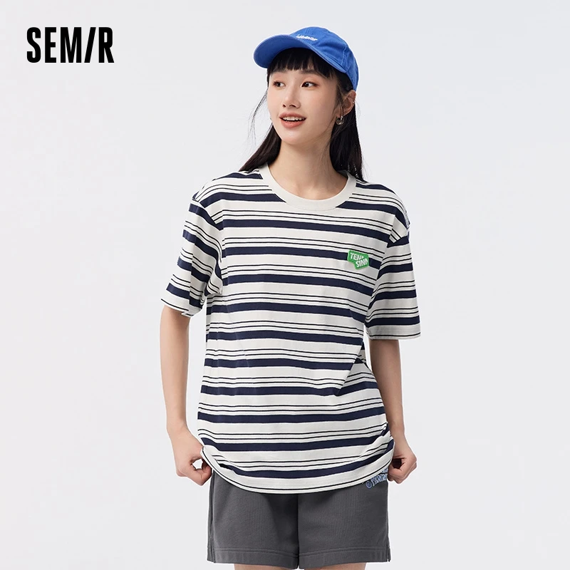 

Футболка Semir женская с коротким рукавом, свободная шикарная индивидуализированная рубашка в стиле ретро, в полоску, с круглым вырезом, лето 2023