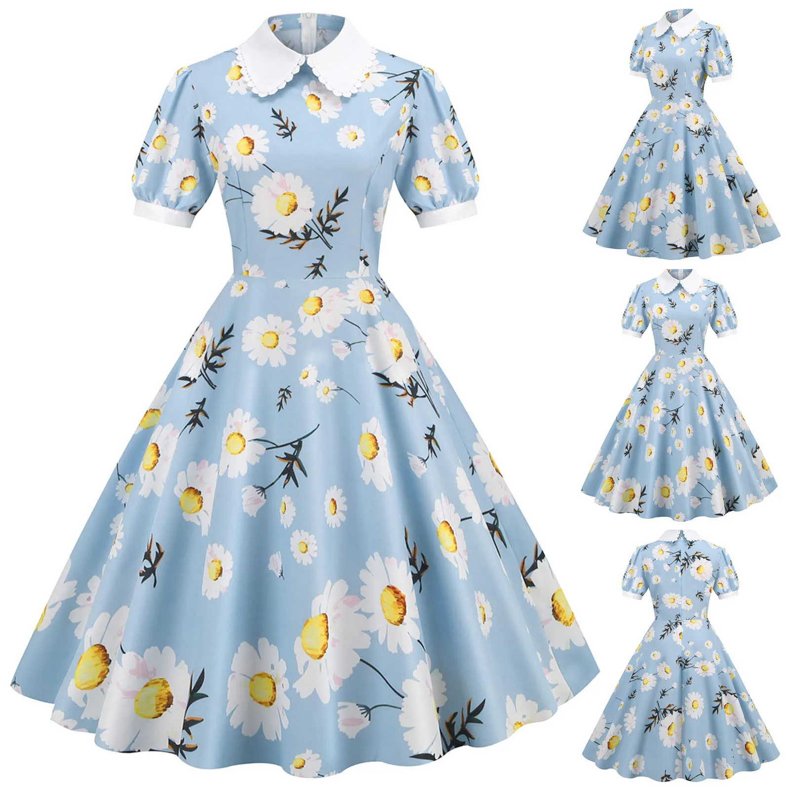 

Going Out Dresses Womens Vintage Print Doll Collar Short Sleeve Cocktail Prom Party Dress Wear for Women