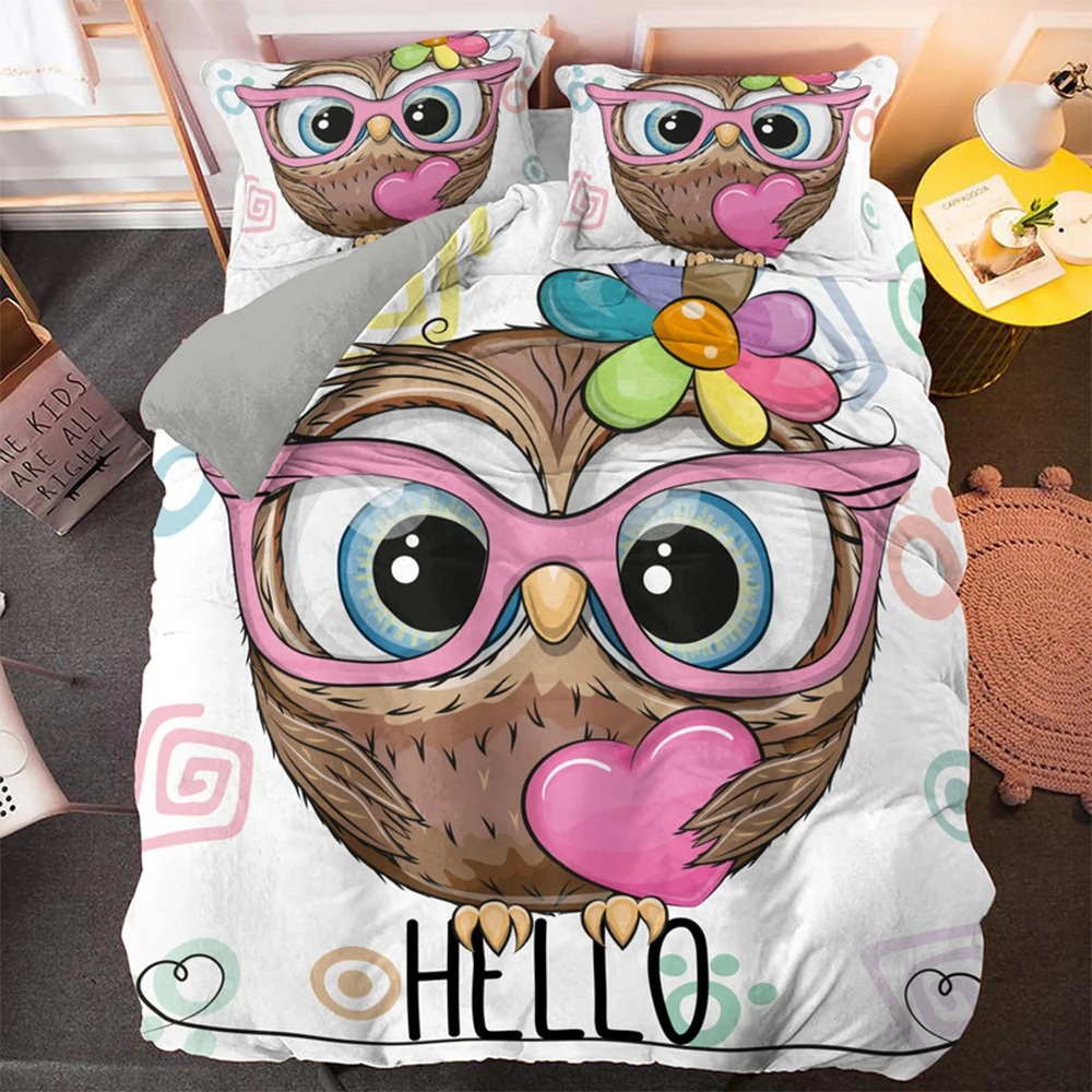 

Nordic Style Cartoon Owl Printing Duvet Cover Boys Girls Cute Bedding Set Comforter Covers And Pillowcase Queen King Size 2/3pcs