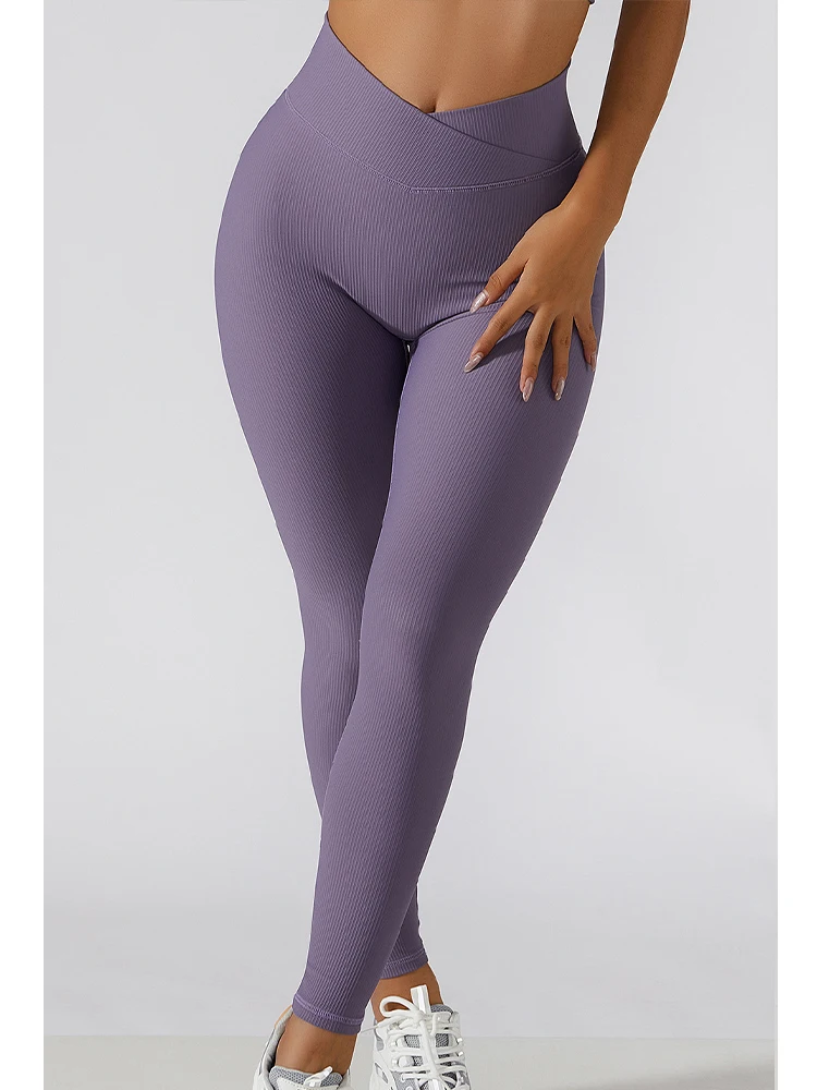 Women Ribbed Seamless Butt Lifting Leggings Cross High Waisted Quick Drying Tummy Control Workout Gym Yoga Pants Tights