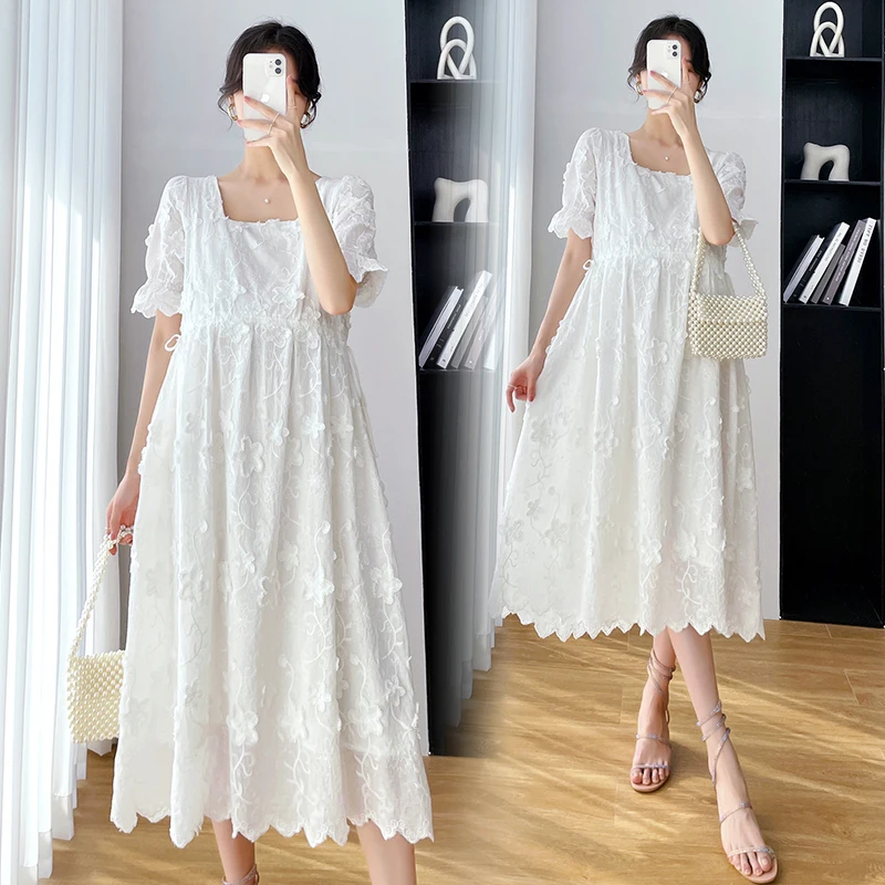 

22# Summer Korean Fashion Embroidery Maternity Long Dress Elegant A Line Clothes for Pregnant Women OL Formal Party Pregnancy