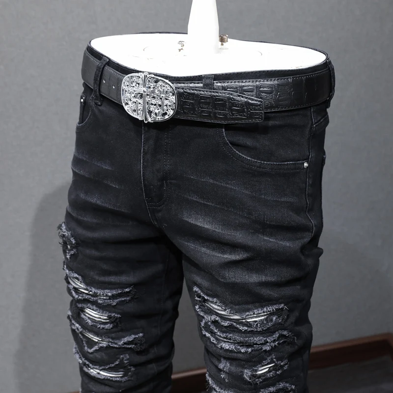 Street Fashion Men Jeans Retro Black Gray Elastic Stretch Skinny Broken Ripped Jeans Men Patched Designer Hip Hop Brand Pants