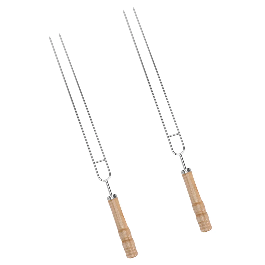 

2 Pcs Stainless Steel Barbecue Fork Meat Fork Chicken Skewers Hot Dog Shish Sticks Wood Grilling Stick Meat Kitchen accessories