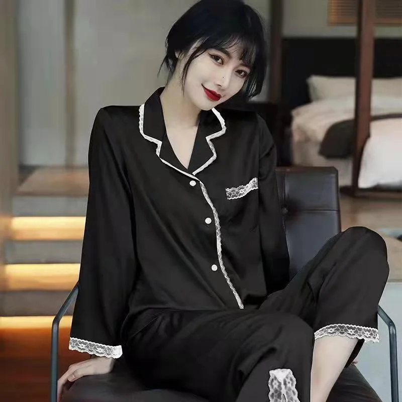 Pajama Sets Women Long Sleeve Sexy High-end Ice Silk Sleepwear Cardigan Lace Patchwork Homewear Korean Fashion Lady Pajamas