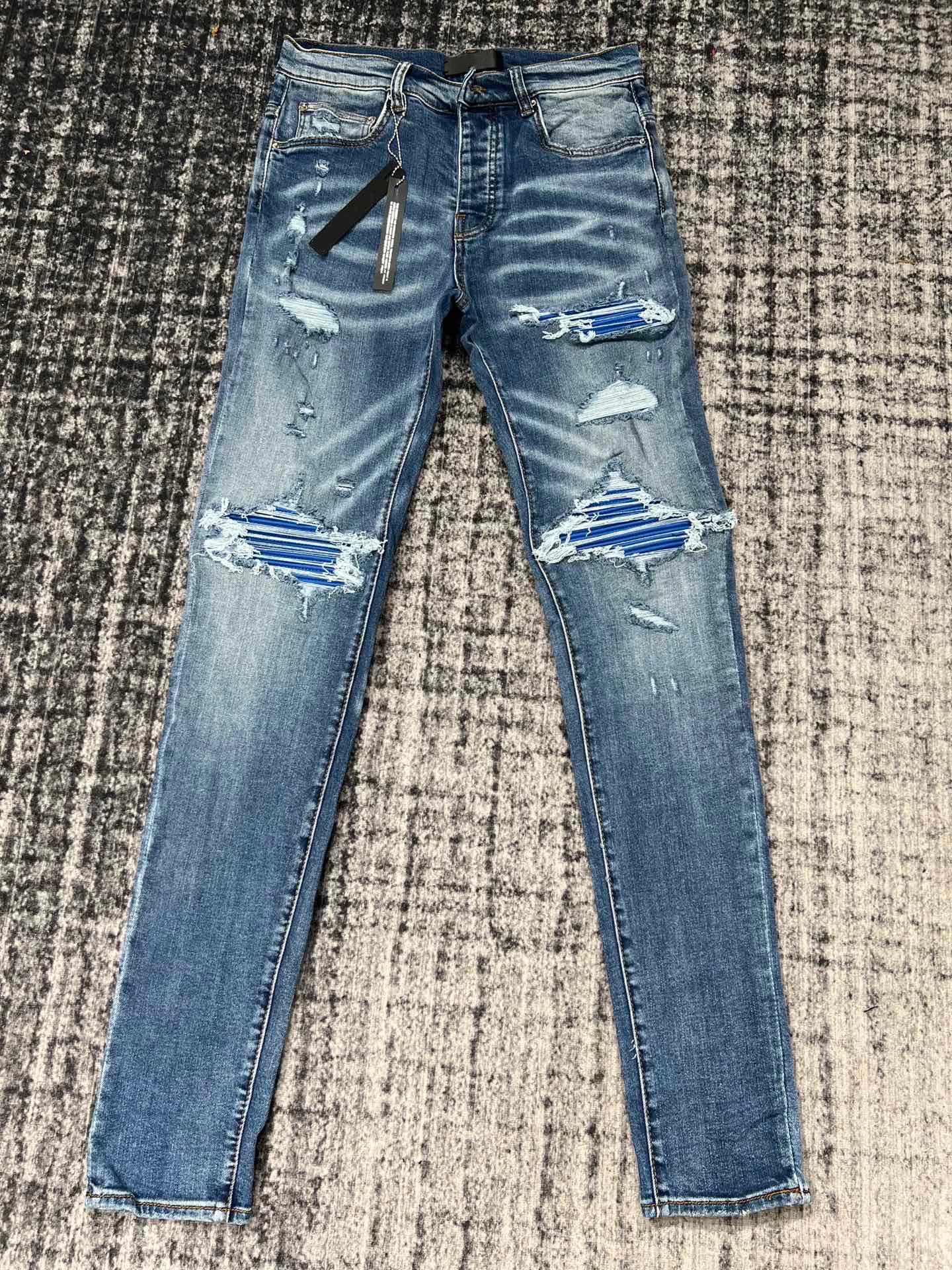 

New high street patchwork leather holes do old patchwork wash damage fashion jeans men