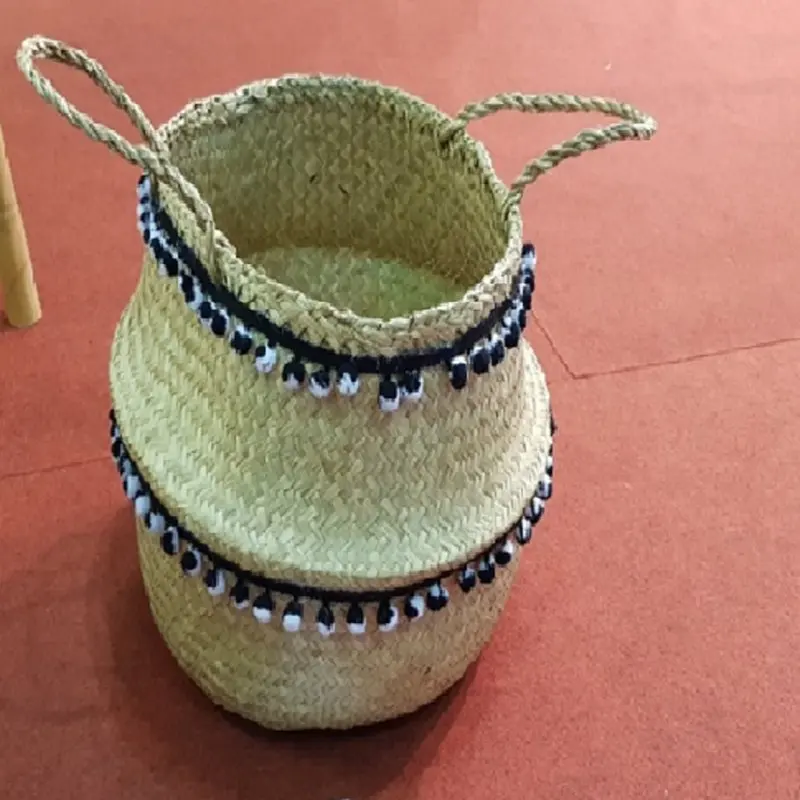 

13" Natural Seagrass Belly Basket with Crochet Trim Black and White