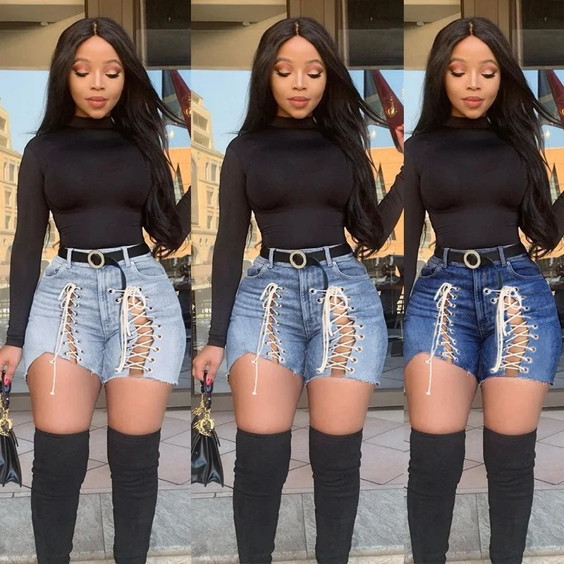 

Women Jeans Shorts Spring Summer Slim Bandage Hollow Out Denim Shorts Streetwear Vintage High Waist Elastic Straight Short Jeans