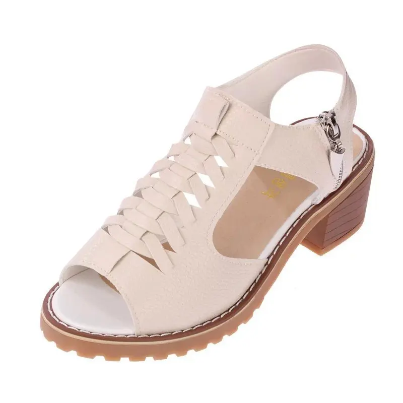 Summer Shoes for Women Sandals Pu Leather Comfort Mother Shoes Zipper Flat Solid Color Plus Size Fashion Sandalias De Mujer