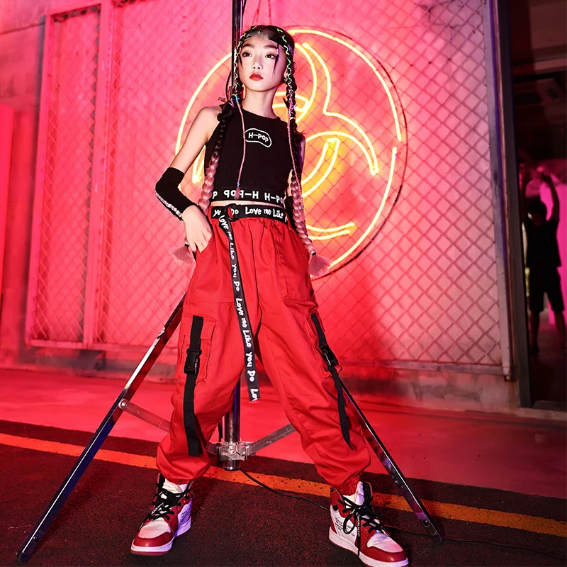 

Children Day Ballroom Hip Hop Dance Costumes For Girls Long Sleeve Tops Red Pants Hiphop Suit Jazz Street Dance Clothes 120-170