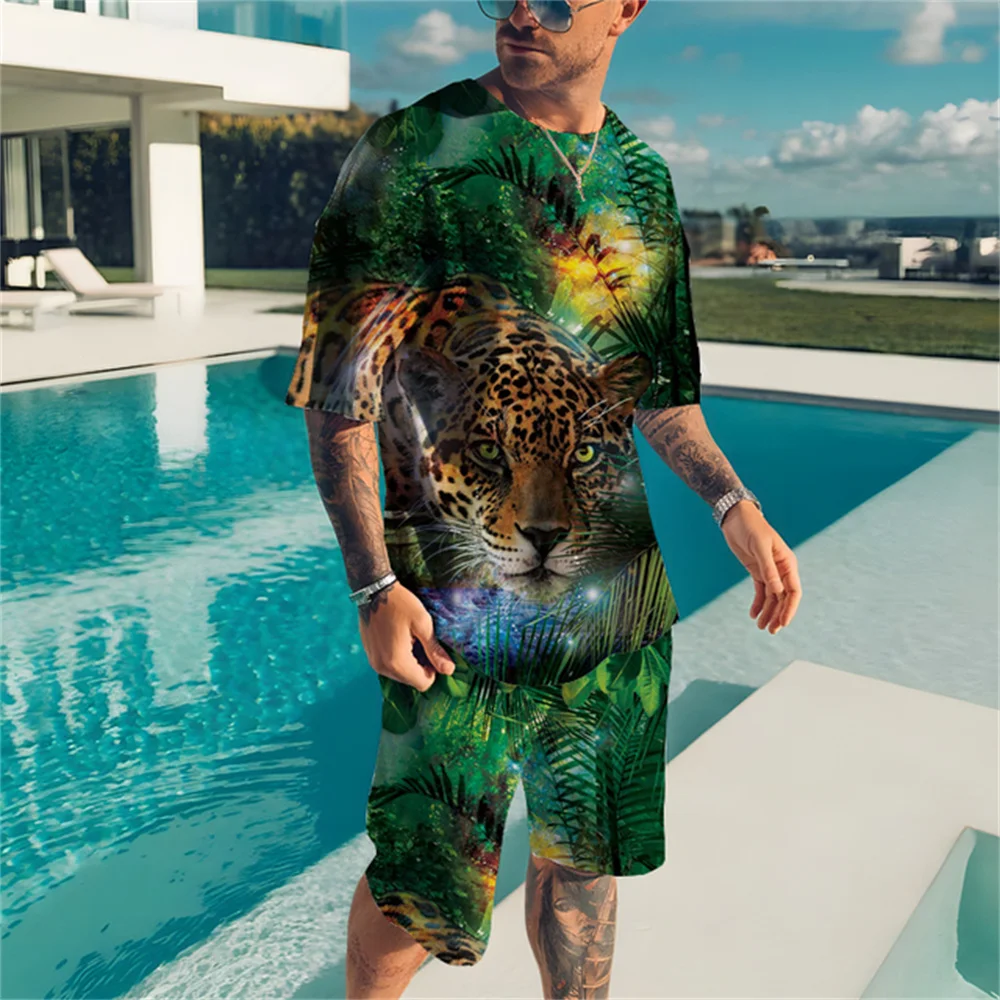 Men's New Leopard Sportswear Set Men's T-Shirt + Shorts Summer Sportswear The Secret Secret of the Jungle Harajuku Top Suit