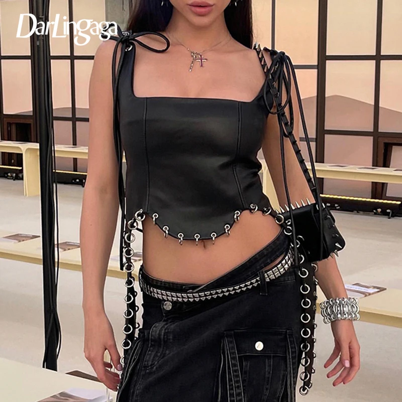 

Darlingaga Streetwear Metal Ring Bodycon Leather Top Strappy Clubwear Zip Up Sexy Vest Punk Women Gothic Summer Tank Tops Party