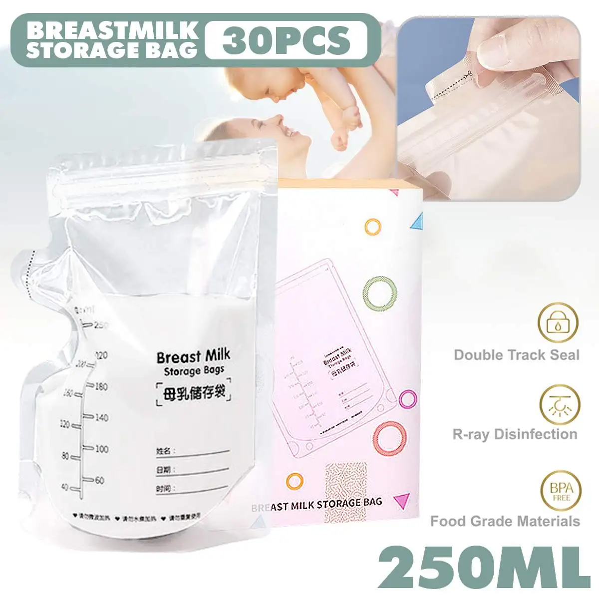 

30PCS 250ML Breast Milk Storage Bags Milk Freezer Bags for Breast milk Breastfeeding BPA Free Safe Food Storage Bags Fast Ship