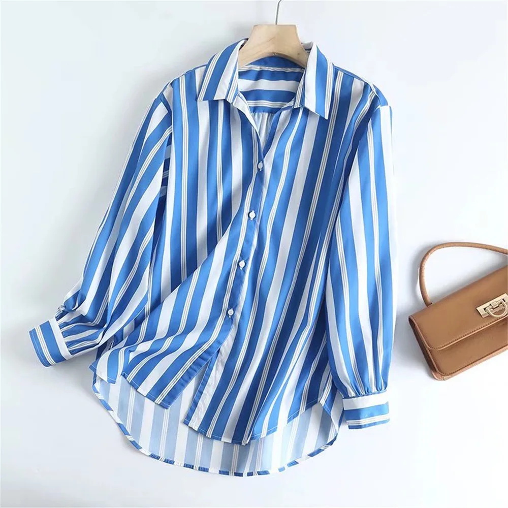 

PB & ZA 2022 summer new women's fashion lapel cardigan blue striped long sleeve single-breasted elegant commuting shirt