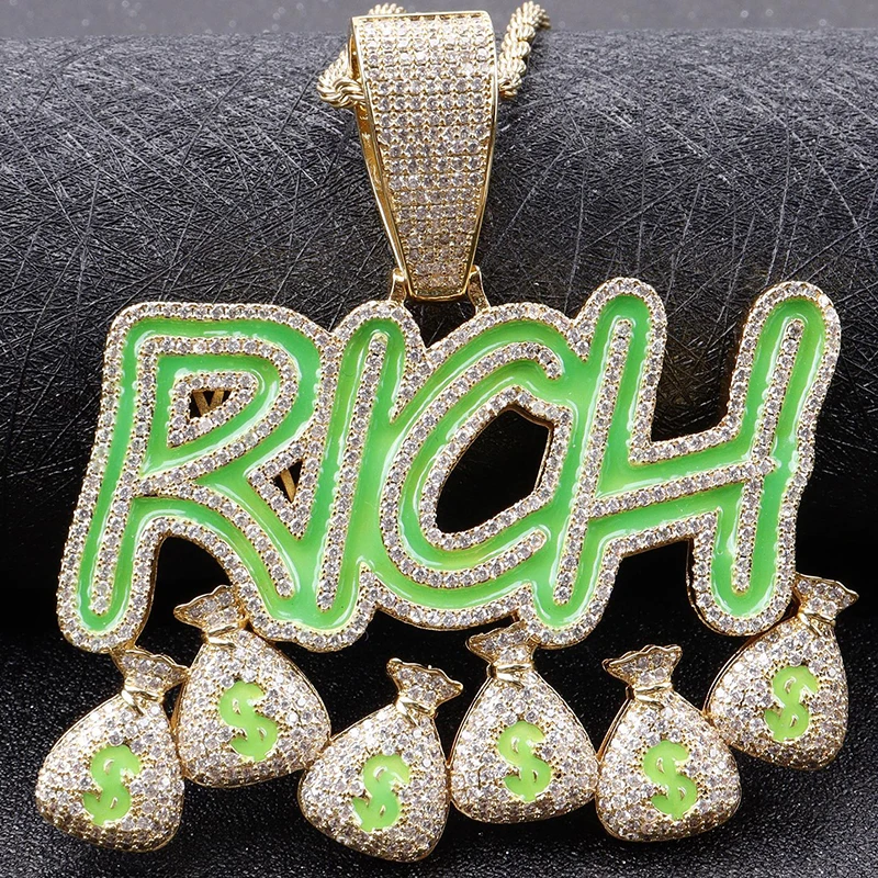 

Iced Out Necklace Bling CZ Zircon Letter Green Enamel Fluorescence Rich Pendant Money Dollar Sign HipHop Men Luminous Jewelry