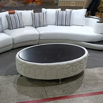 Manbas Top Grade Real Leather Ottoman Matched for Living Room Sofa Oval Coffee Table Table Arc Shaped Couch with Wooden Home Fur