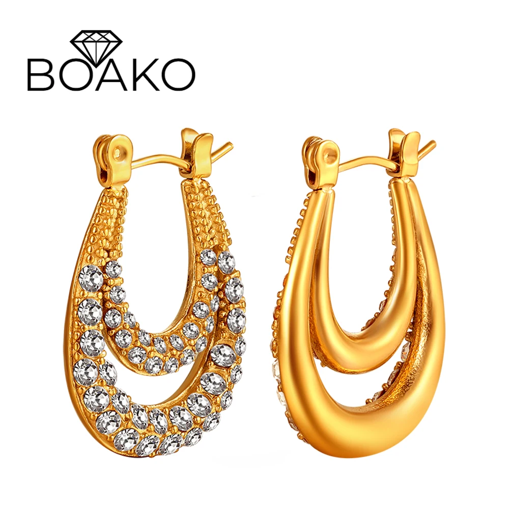 

BOAKO Modern Bling Zircon Earrings 316L Stainless Steel PVD Double U-shaped Earring For Women Men Hyperbole Punk Fashion Jewelry